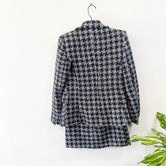 Mango Americana Twee Academia Houndstooth With Brooch Tweed Jacket and Skirt - Picture 5 of 14